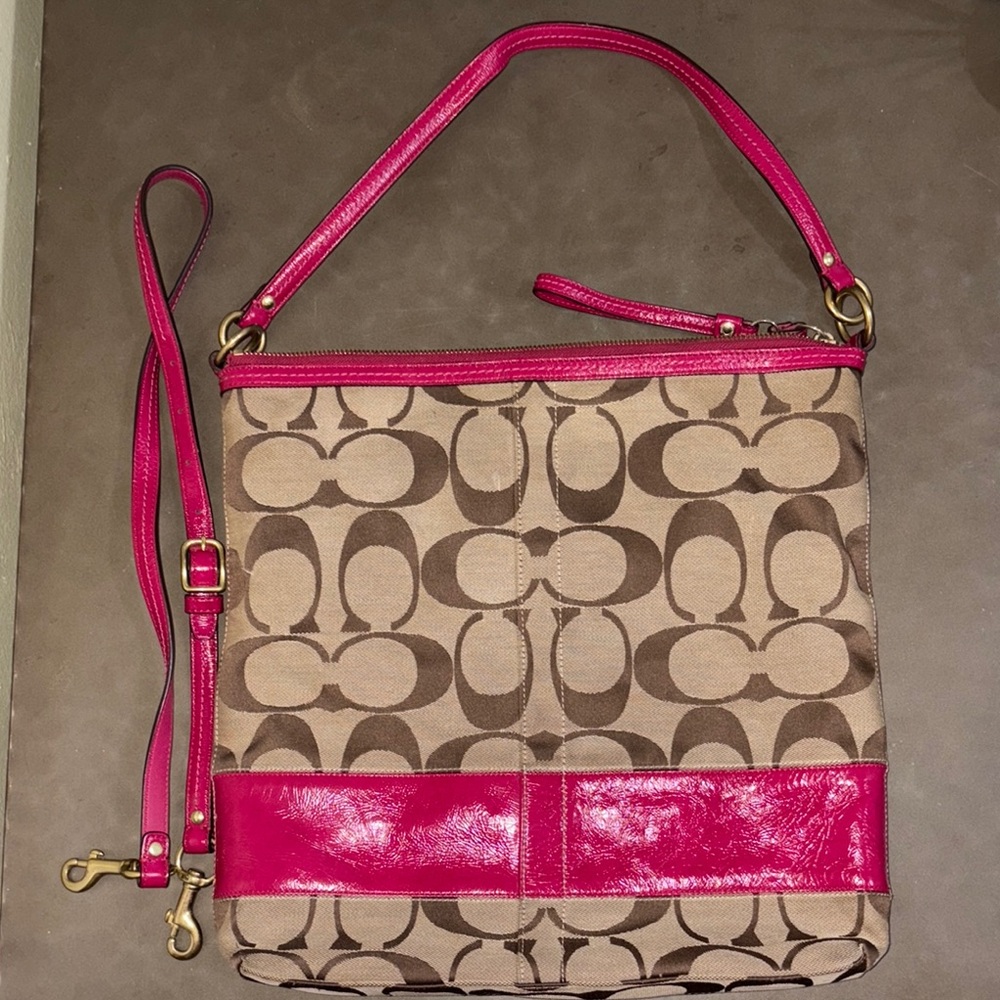 Coach Brown and Pink Shoulder Bag with Signature Pattern